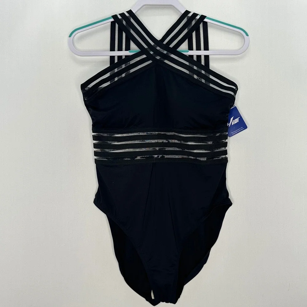NWT Hilor Strappy Mesh Halter Cross Back One Piece Swimsuit L Black Sexy Minimal